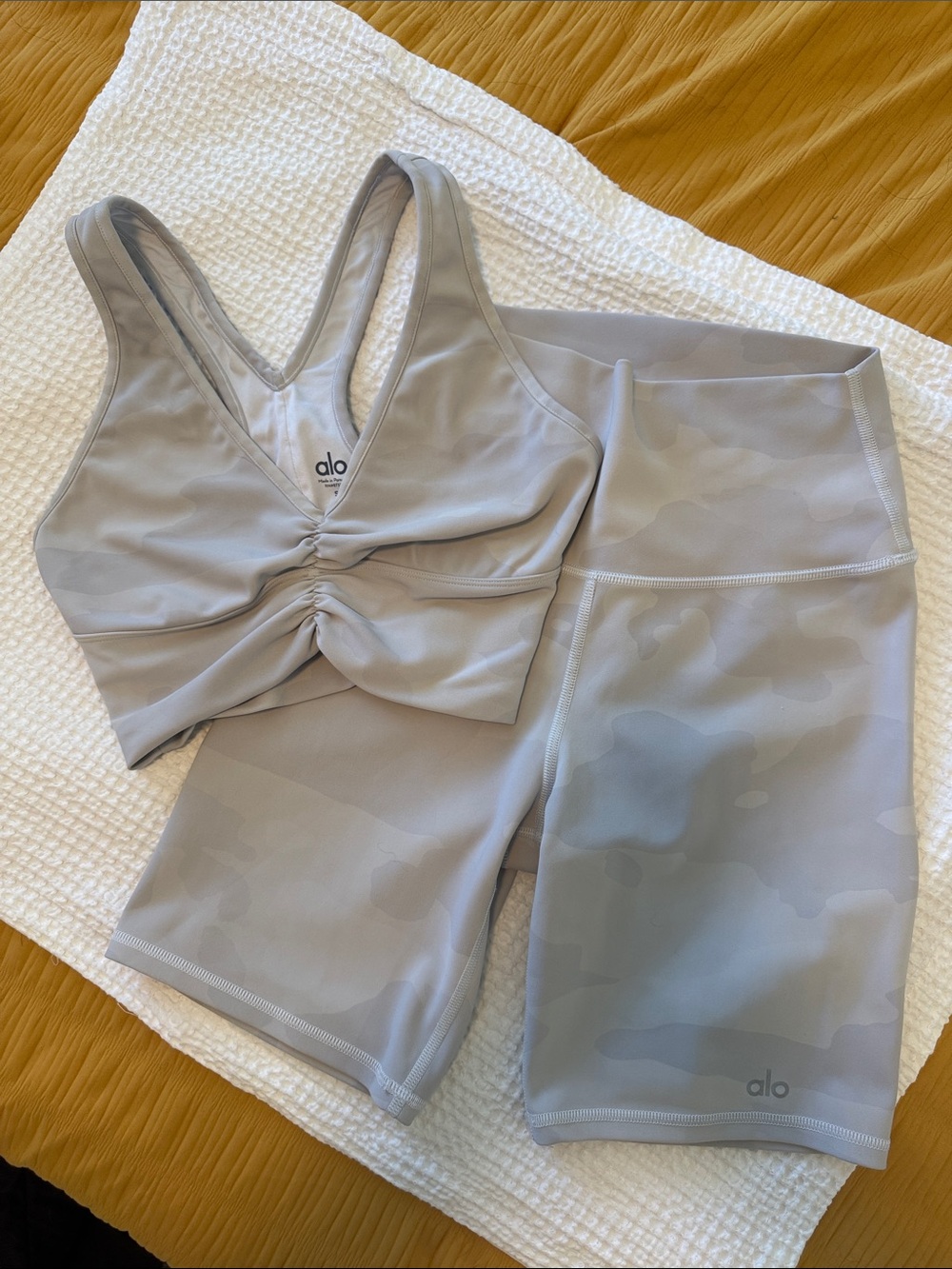 ALO Gray Camo Ruched Sports Bra & Shorts